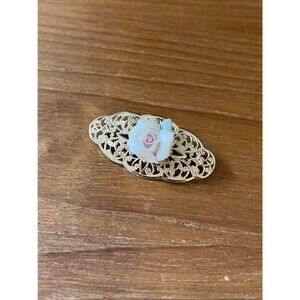 Vintage 1928 Pink Porcelain Rose Flower Oval Bar Filigree Pin Brooch